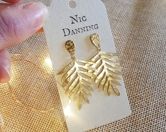 Beaten Brass Stud, Gold Leaves 'Arbor' Hammered Statement Earrings, Handmade in Cornwall, Plastic Free. Bridal, Ready to Gift.