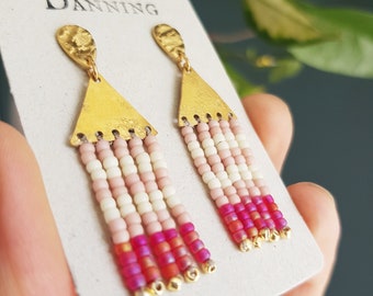 Beaten Brass Pink Striped Beaded Fringe Stud Earrings, Karenza 'Falmouth' Made in Cornwall, Festival Chic, Plastic Free. Ready to Gift