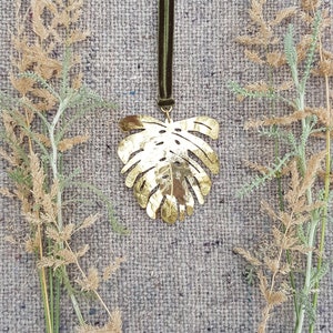 Gold Leaf Pendant 'Tropic' Statement Beaten Brass Monstera, Long Velvet Ribbon, Nine Colour Choices, Plastic Free Postage, Ready to Gift. image 7