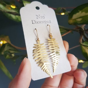 Golden Leaf 'Fern' Earrings, Hammered, Eco Friendly Stainless steel, Made in Cornwall. Plastic free Product, P&P, Ready to Gift. image 2