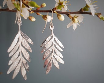 Silver Leaf 'Athena' Earrings, Hammered, Eco Friendly Stainless Steel, Made in Cornwall. Plastic free Product, P&P, Ready to Gift.