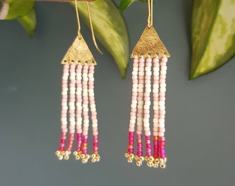 Beaten Brass Beaded Fringe Earrings, Pink, Ivory and Hot Pink Stripes, Karenza 'Falmouth' Made in Cornwall, Plastic Free. Ready to Gift.