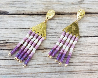 KEA Lilac and Purple Beaten Brass Striped Beaded Fringe Stud Earrings, Karenza 'Kea' Made in Cornwall, Plastic Free. Ready to Gift