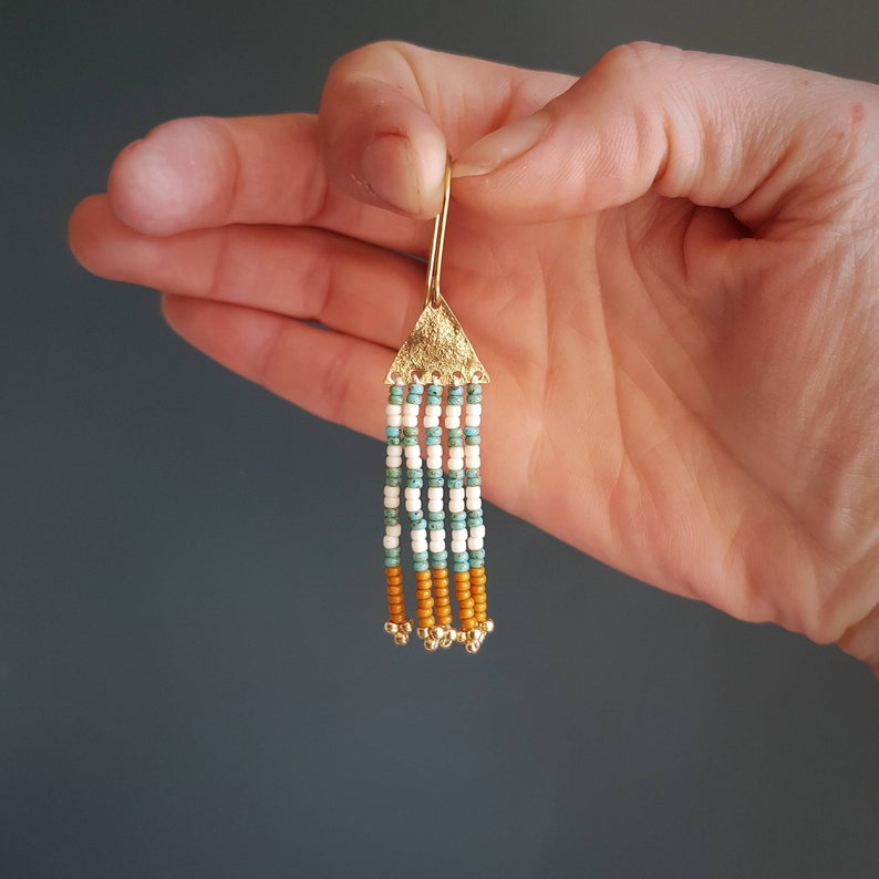 Beaten Brass Beaded Fringe Earrings, Turquoise Mustard & Ivory Stripes, Karenza 'St. Ives' Made in Cornwall, Plastic Free. Ready to Gift image 3