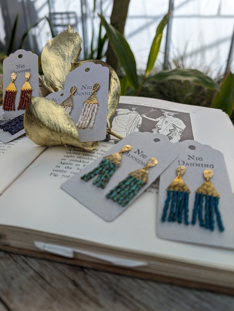 Gold and Teal Beaten Brass Stud Earrings, Hand Beaded Fringe, Ancient Egyptian 'Thebes' in 'Delta', Silk or Cotton, Plastic Free. zdjęcie 6