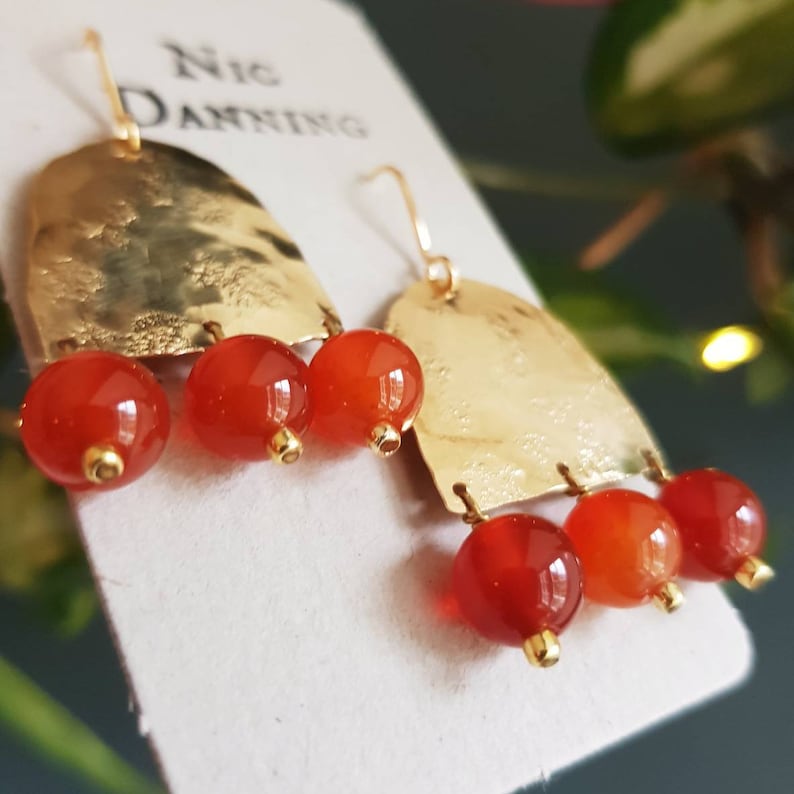 Beaten Brass and Carnelian 'Hestia' Statement Earrings, Gold Arch and orange red, Made in Cornwall, Plastic Free, Ready to Gift. 画像 3