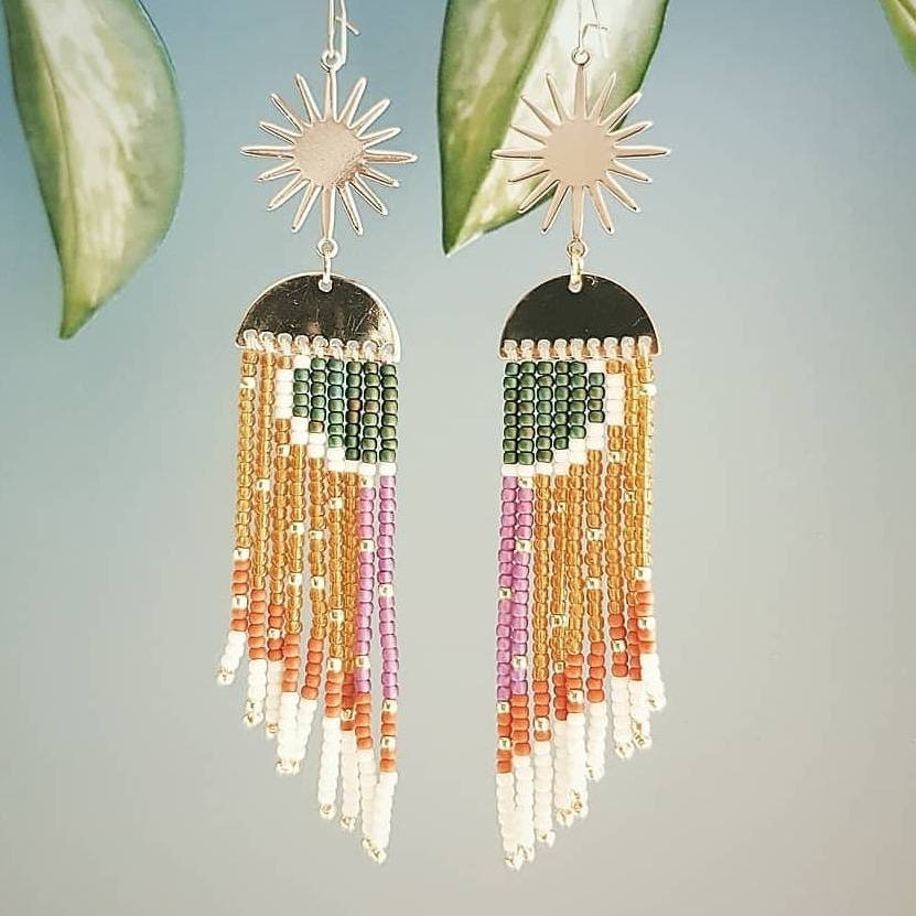 Pheasant Sunrise Beaded Fringe Earrings, Gold Plated. Vegan Option Available, Free Polishing Cloth, Plastic Shop