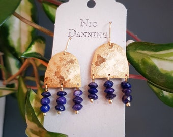 Lapis Lazuli and Gold, Hera 'Olympus' Beaten Brass and Royal Blue Statement Earrings. Plastic Free Shop. LIMITED EDITION