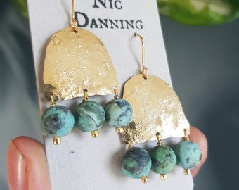 Beaten Brass and Turquoise 'GAIA' Statement Earrings, December Birthstone, Gold Arch, Made in Cornwall, Plastic Free, Ready to Gift.