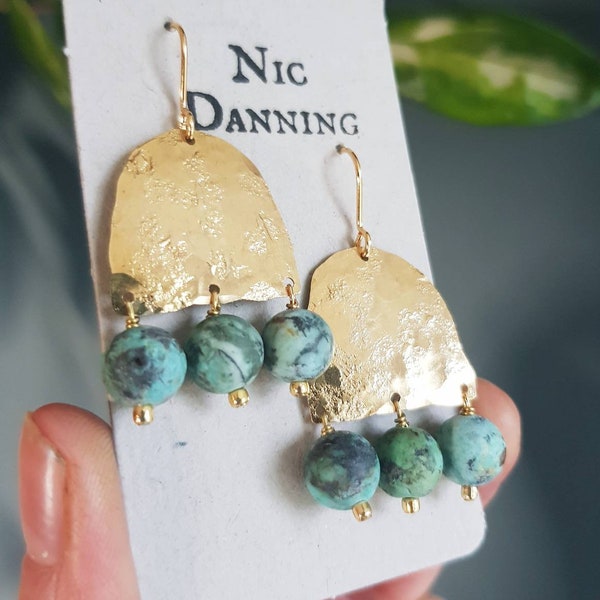 Beaten Brass and Turquoise 'GAIA' Statement Earrings, December Birthstone, Gold Arch, Made in Cornwall, Plastic Free, Ready to Gift.