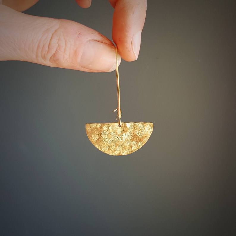 Beaten Brass, Gold Tempest 'Eclipse' Half Moon, Hammered Statement Earrings, Handmade in Cornwall, Plastic Free. Bridal, Ready to Gift. image 4