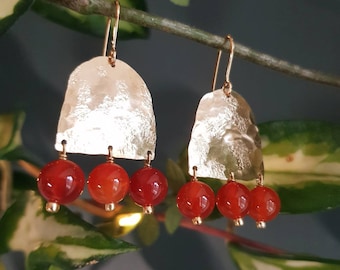 Beaten Brass and Carnelian 'Hestia' Statement Earrings, Gold Arch and orange red, Made in Cornwall, Plastic Free, Ready to Gift.