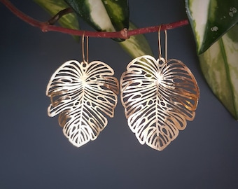 Beaten Brass, Gold Tempest 'Monsoon' Light Monstera Leaf Hammered Statement Earrings, Made in Cornwall, Plastic Free. Bridal, Ready to Gift.