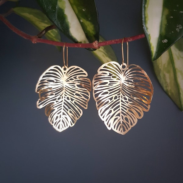 Beaten Brass, Gold Tempest 'Monsoon' Light Monstera Leaf Hammered Statement Earrings, Made in Cornwall, Plastic Free. Bridal, Ready to Gift.