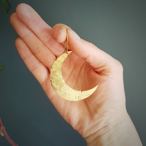 Beaten Brass, Gold Tempest 'Artemis' Large Moon Hammered Statement Earrings, Handmade in Cornwall, Plastic Free. Bridal, Ready to Gift. image 5