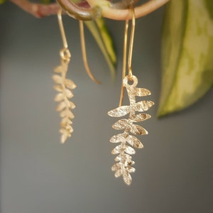 Beaten Brass, Gold Tempest 'Folia' Little Leaf Sprig Hammered Statement Earrings, Handmade in Cornwall, Plastic Free. Bridal, Ready to Gift. image 4