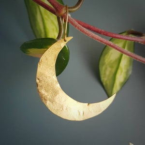 Beaten Brass, Gold Tempest 'Artemis' Large Moon Hammered Statement Earrings, Handmade in Cornwall, Plastic Free. Bridal, Ready to Gift. image 4