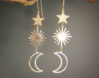 Beaten Brass, Gold Tempest 'Celestial' Sun Moon & Star Hammered Statement Earrings, Made in Cornwall, Plastic Free. Bridal, Ready to Gift.