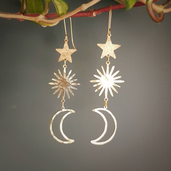 Hammered Brass Celestial Earrings, Sun Moon Star Dangle Earrings,Handmade in Cornwall, Plastic free Product, Ready to Gift.