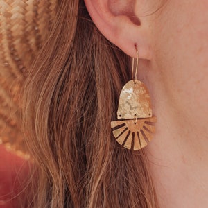 Beaten Brass, Gold Tempest 'Cardoon' Arch & Fan, Thistle Hammered Statement Earrings, Made in Cornwall, Plastic Free. Bridal, Ready to Gift. image 2