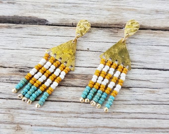 Mustard and Turquoise Beaten Brass Striped Beaded Fringe Stud Earrings, Karenza 'Gwithian' Made in Cornwall, Plastic Free. Ready to Gift