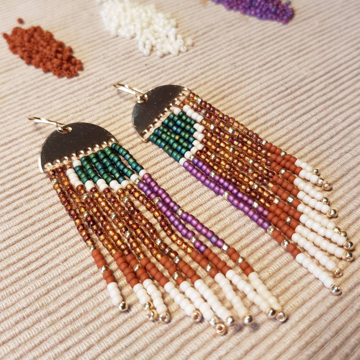 Pheasant, Beaded Fringe Earrings, Gold Plated. Plastic Free Shop, Vegan Option Available, Polishing Cloth