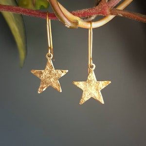 Gold Star 'Stella' Beaten Brass Elegant Hammered Earrings, Handmade in Cornwall, Plastic Free. Bridal, Ready to Gift.