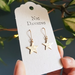 Puede incluir: Pendientes de estrella de oro en una tarjeta blanca con el texto "Nic Danning" impreso en ella.
