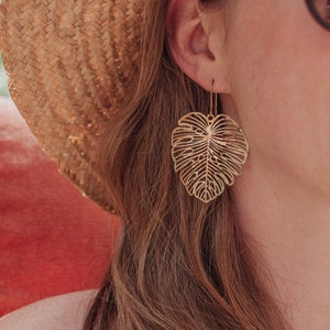 Beaten Brass, Gold Tempest 'Monsoon' Light Monstera Leaf Hammered Statement Earrings, Made in Cornwall, Plastic Free. Bridal, Ready to Gift. image 3
