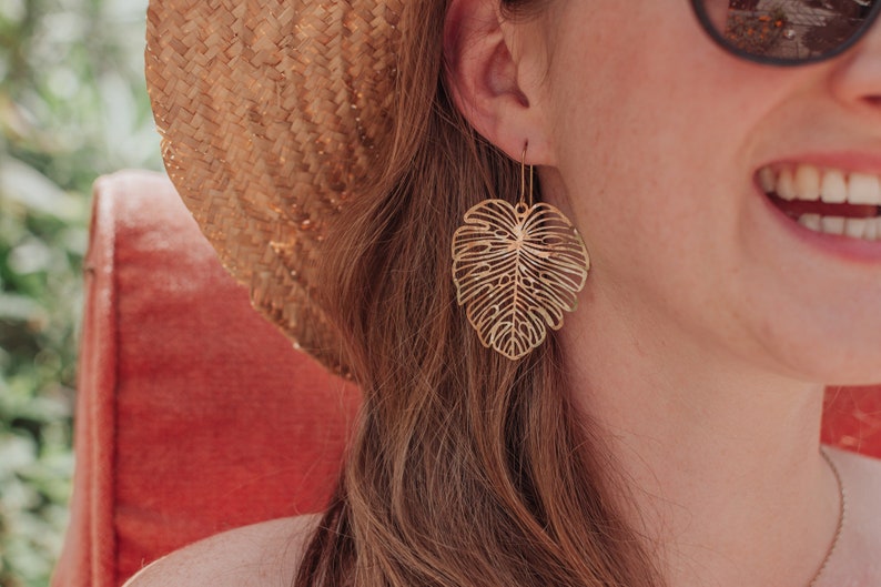 Beaten Brass, Gold Tempest 'Monsoon' Light Monstera Leaf Hammered Statement Earrings, Made in Cornwall, Plastic Free. Bridal, Ready to Gift. image 3