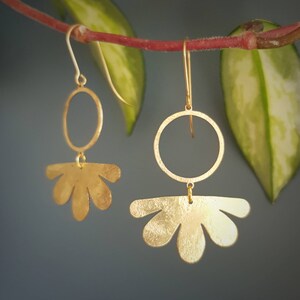 Beaten Brass, Gold Tempest 'Geum' Circle & Flower Hammered Statement Earrings, Handmade in Cornwall, Plastic Free. Bridal, Ready to Gift. image 3