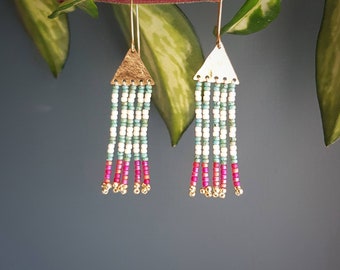 Beaten Brass Beaded Fringe Earrings, Turquoise Ivory and Hot Pink Stripes, Karenza 'Zennor' Made in Cornwall, Plastic Free. Ready to Gift.