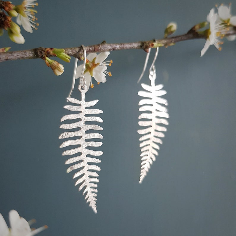 Silver Leaf 'Fern' Earrings, Hammered, Eco Friendly Stainless steel, Made in Cornwall. Plastic free Product, P&P, Ready to Gift. image 1