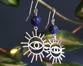 Sodalite, sterling silver, and Beaten Stainless Steel 'Himaya' Earrings, Turkey and Syria CHARITY FUNDRAISER, Plastic Free, Ready to Gift.