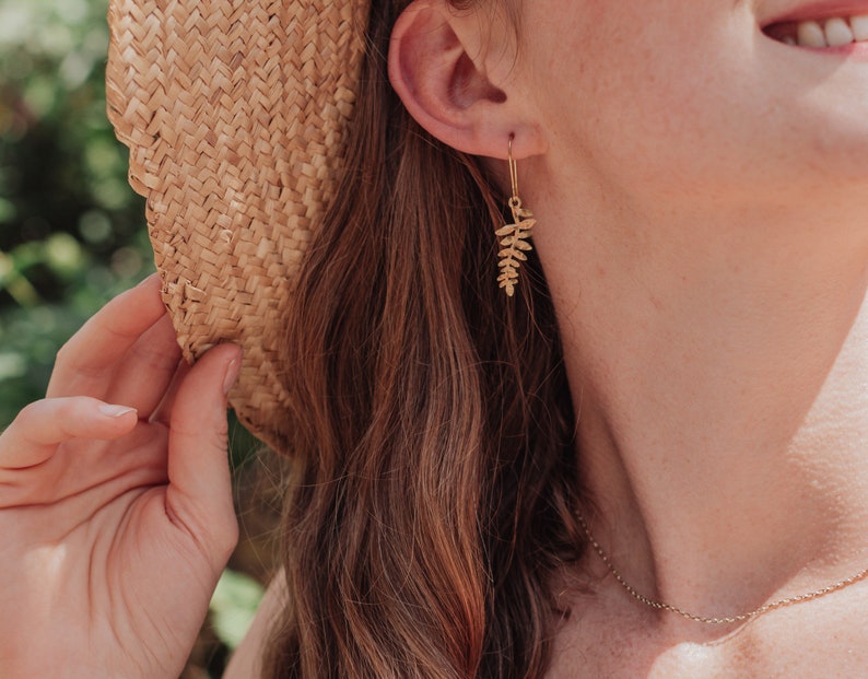 Beaten Brass, Gold Tempest 'Folia' Little Leaf Sprig Hammered Statement Earrings, Handmade in Cornwall, Plastic Free. Bridal, Ready to Gift. image 2