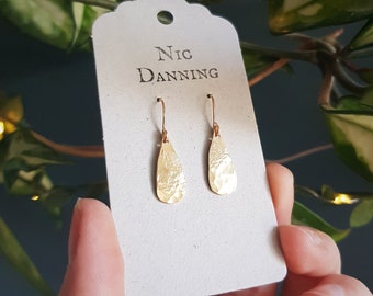 Gold Teardrop 'Dew' Elegant Beaten Brass Minimalist Earrings, Handmade in Cornwall, Plastic Free. Atrisan, Bridal, Ready to Gift.