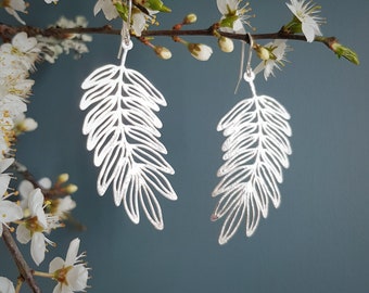 Silver Leaf sprig 'Hebe' Earrings, Hammered, Eco Friendly Stainless Steel, Made in Cornwall. Plastic free Product, P&P, Ready to Gift.