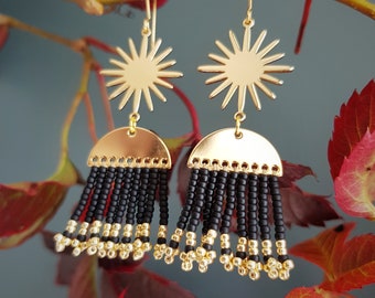 Gold and Black Hand Beaded Earrings in 'Kohl'. Arch and Sun Star Statement Earrings, Made in Cornwall, Ready to Gift.