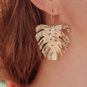 Beaten Brass, Gold Tempest &#39;Tropic&#39; Large Monstera Leaf Hammered Statement Earrings, Made in Cornwall, Plastic Free. Bridal, Ready to Gift.