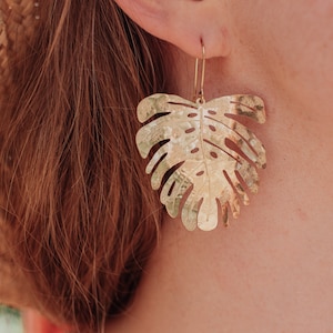 Beaten Brass, Gold Tempest 'Tropic' Large Monstera Leaf Hammered Statement Earrings, Made in Cornwall, Plastic Free. Bridal, Ready to Gift.