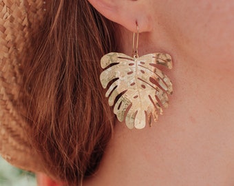 Beaten Brass, Gold Tempest 'Tropic' Large Monstera Leaf Hammered Statement Earrings, Made in Cornwall, Plastic Free. Bridal, Ready to Gift.