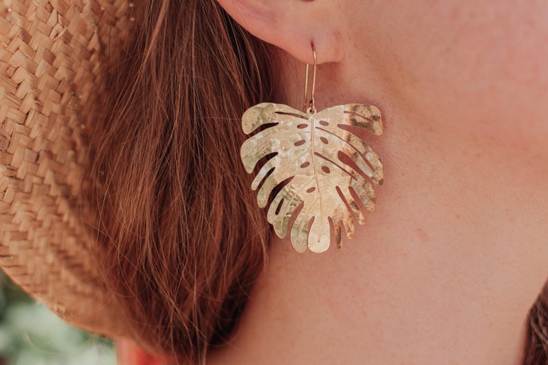 Beaten Brass, Gold Tempest 'Tropic' Large Monstera Leaf Hammered Statement Earrings, Made in Cornwall, Plastic Free. Bridal, Ready to Gift. image 1