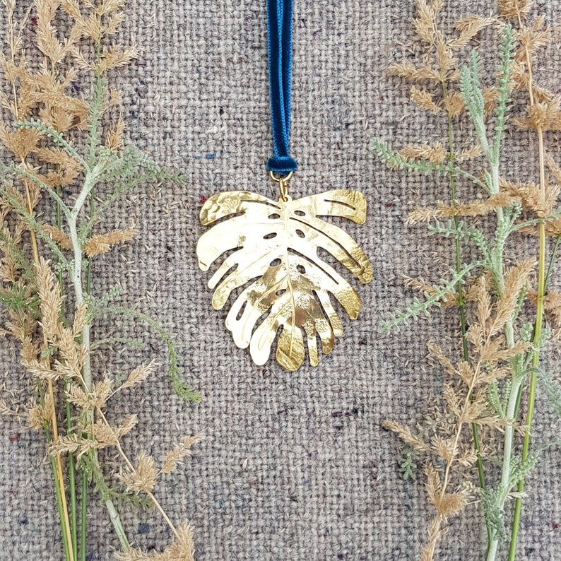 Gold Leaf Pendant 'Tropic' Statement Beaten Brass Monstera, Long Velvet Ribbon, Nine Colour Choices, Plastic Free Postage, Ready to Gift. image 6