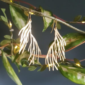 Beaten Brass Gold &#39;Dulse&#39; Seaweed Frond Hammered Statement Earrings, Handmade in Cornwall, Plastic Free. Bridal, Ready to Gift.