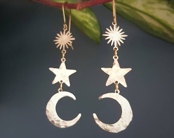 Beaten Brass, Gold Sun Moon & Star 'Twilight', Hammered Statement Earrings, Made in Cornwall, Plastic Free. Bridal, Ready to Gift.