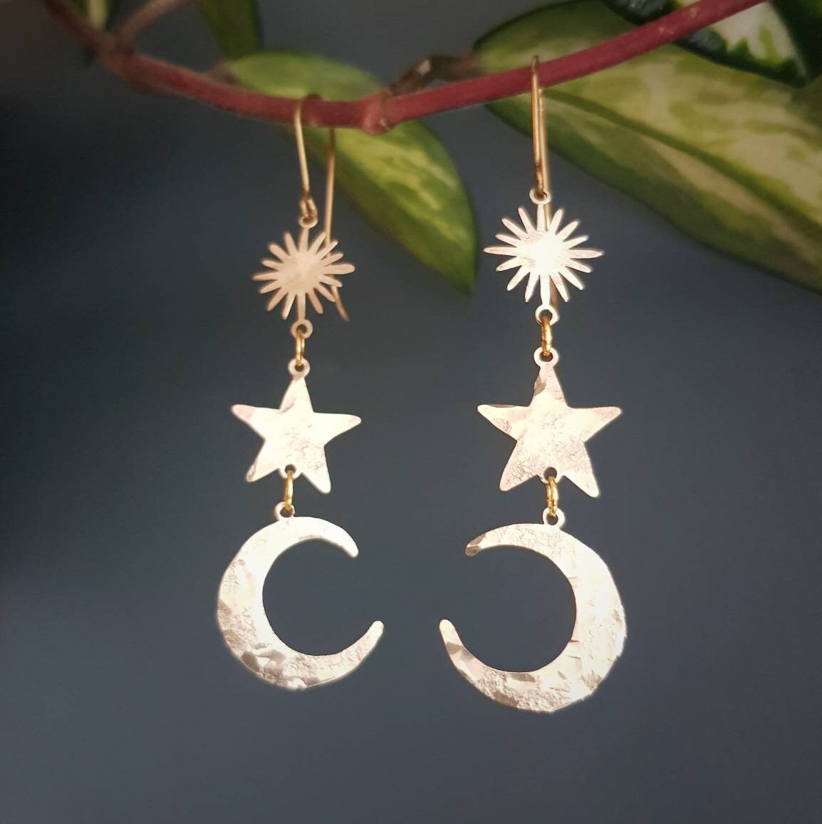 Beaten Brass, Gold Sun Moon & Star 'Twilight', Hammered Statement Earrings, Made in Cornwall, Plastic Free. Bridal, Ready to Gift.