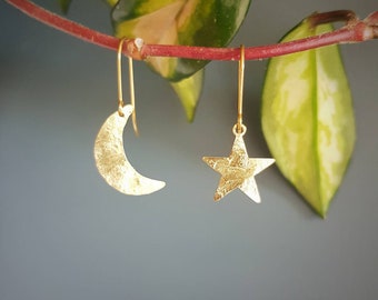 Gold Moon and Star 'Stella Luna' Beaten Brass, Hammered Mismatched Earrings, Made in Cornwall, Plastic Free. Bridal, Ready to Gift.