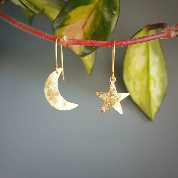 Gold Moon and Star 'Stella Luna' Beaten Brass, Hammered Mismatched Earrings, Made in Cornwall, Plastic Free. Bridal, Ready to Gift.