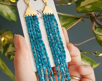 Gold and Teal Blue Stud 'Comet' Earrings, EXTRA LONG, Hand Beaded Fringe in 'Interstellar', Cornish Made, Festival Chic, Ready to Gift.