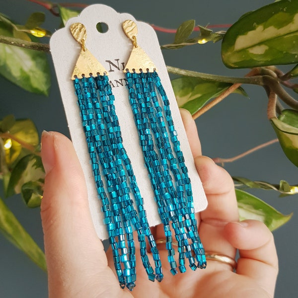 Gold and Teal Blue Stud 'Comet' Earrings, EXTRA LONG, Hand Beaded Fringe in 'Interstellar', Cornish Made, Festival Chic, Ready to Gift.